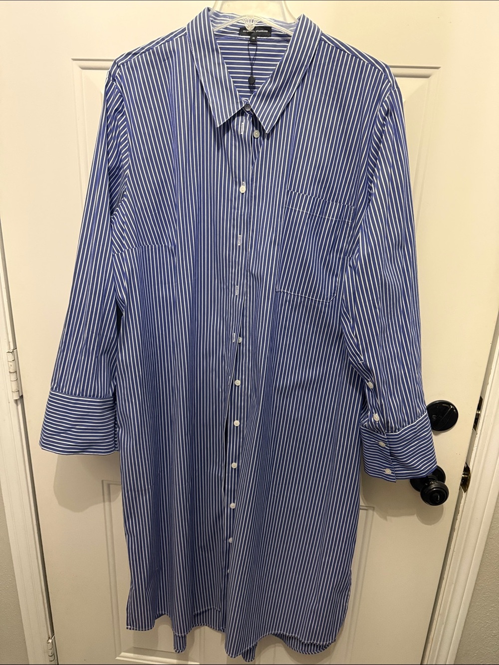 Universal standard stretch cotton shirtdress. Blue and white striped. As new